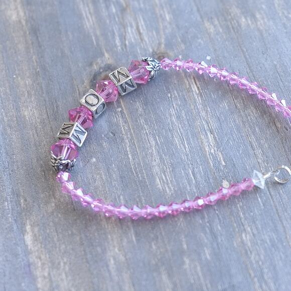 Sterling Silver 925 Mom Bracelet Pink Crystal Beads Cube Letter Beads 7.5" - Picture 5 of 7